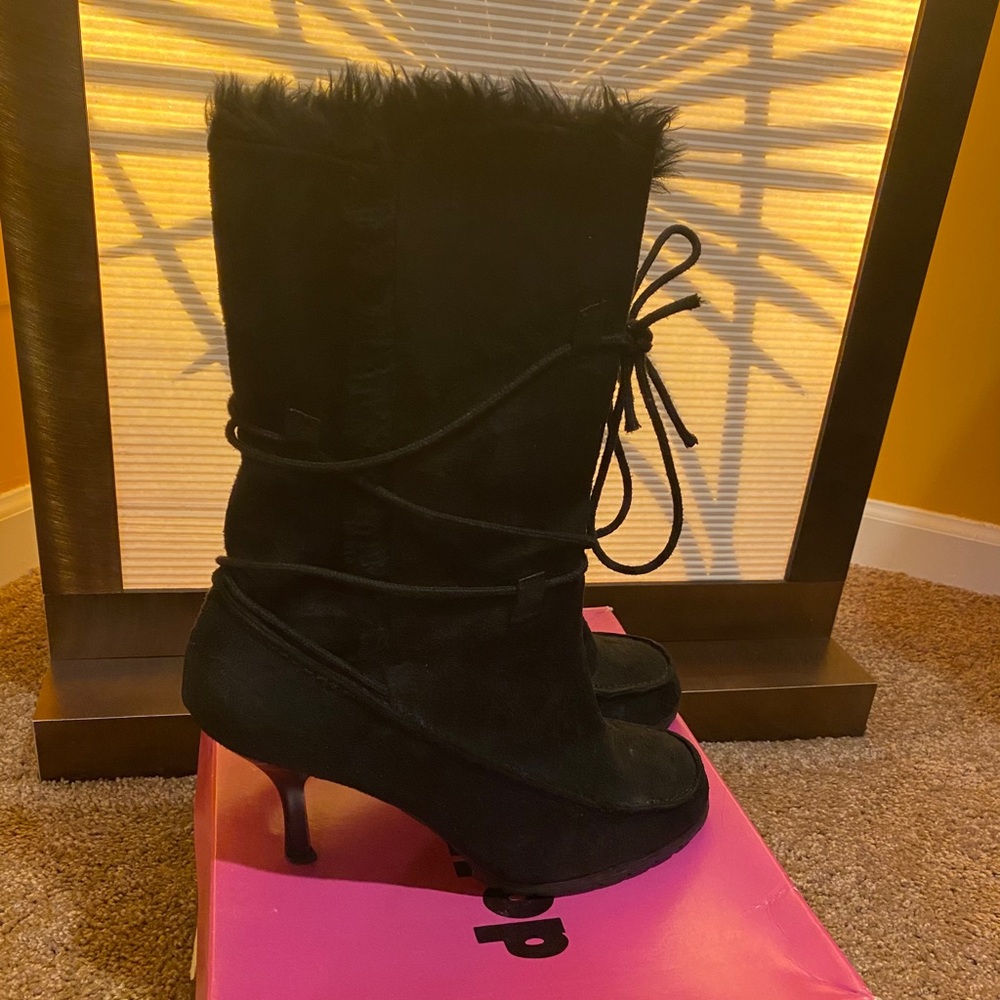 Dollhouse Black Faux Fur Lace-Up Heeled Boots